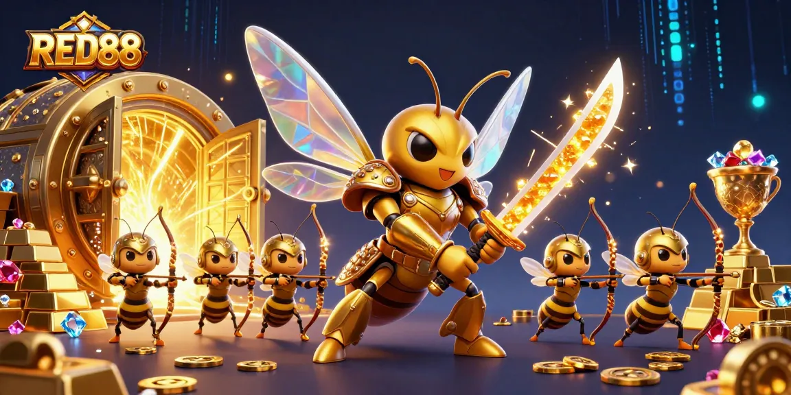Bet on big wins at RED88 with a dynamic casino illustration of golden hornets and treasures.