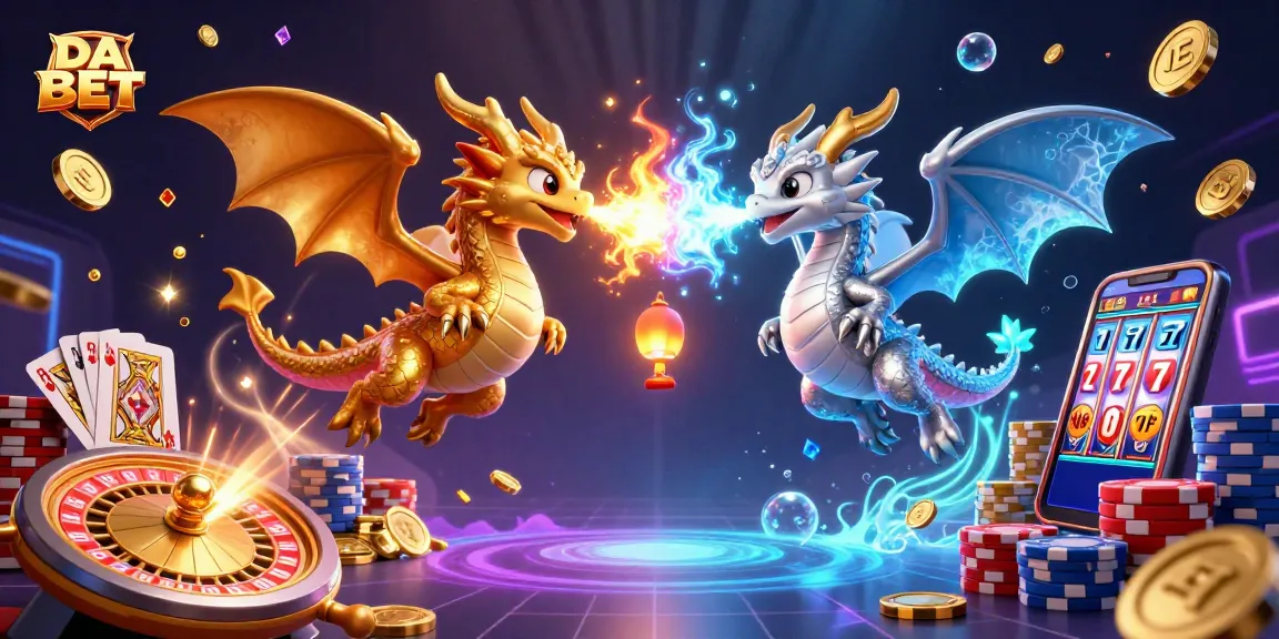 Engage with DA BET's thrilling gameplay featuring intertwined dragons amidst cascading coins and vibrant game elements.