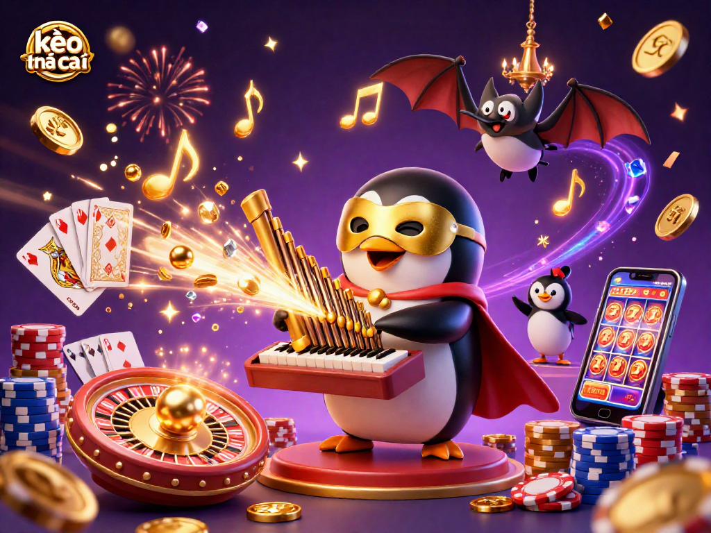 Spin into kèo nhà cái excitement with a gaming scene featuring brilliant 3D characters and casino elements.