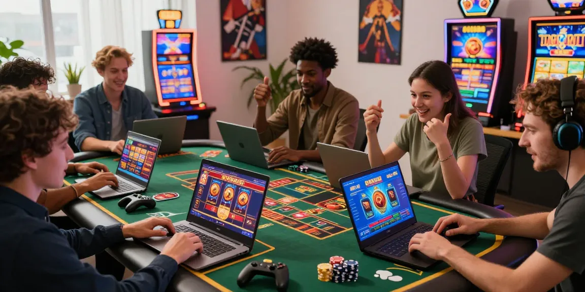 Atmosfera emozionante nei casino online non AAMS con giocatori diversi che si divertono con giochi vivaci su vari dispositivi.
