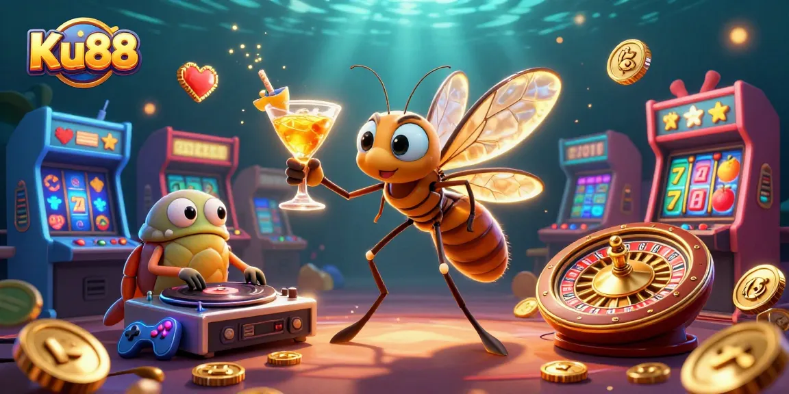 Engage with the exciting features of Ku88 in this vibrant casino-themed illustration.