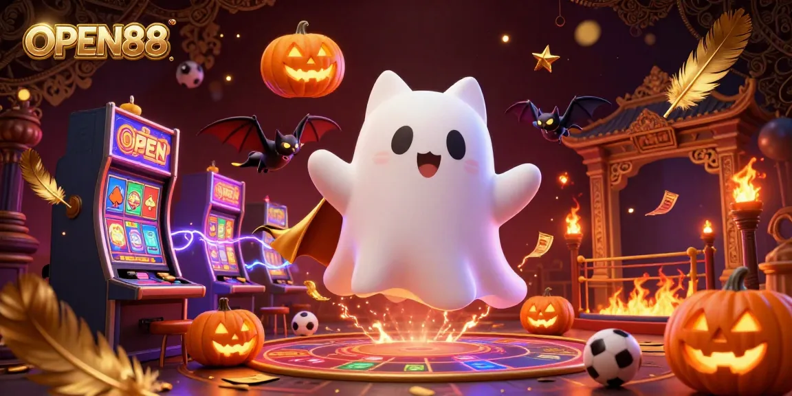 Engage with OPEN88 in this vibrant casino scene featuring a friendly ghost cat and a vampire bat amidst glowing slot machines.