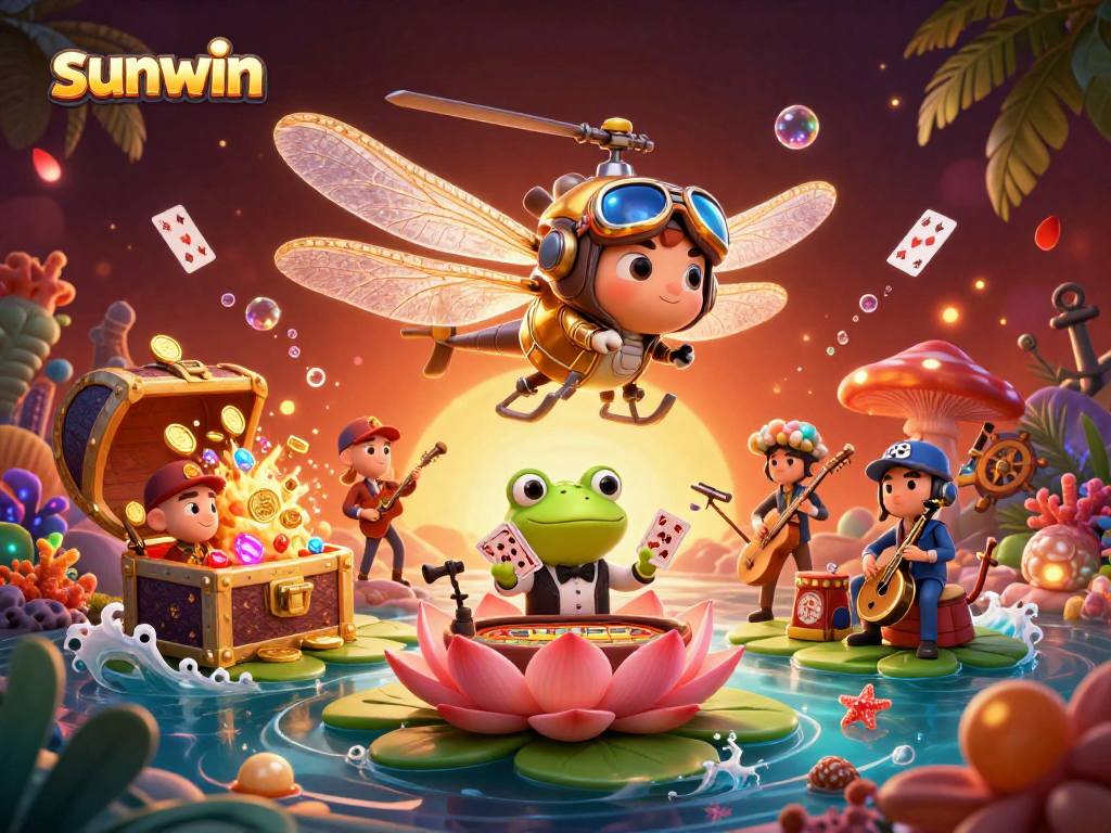Experience vibrant gaming fun at sunwin with a dragonfly pilot, frog dealer, and jazzy crickets in this captivating casino scene.