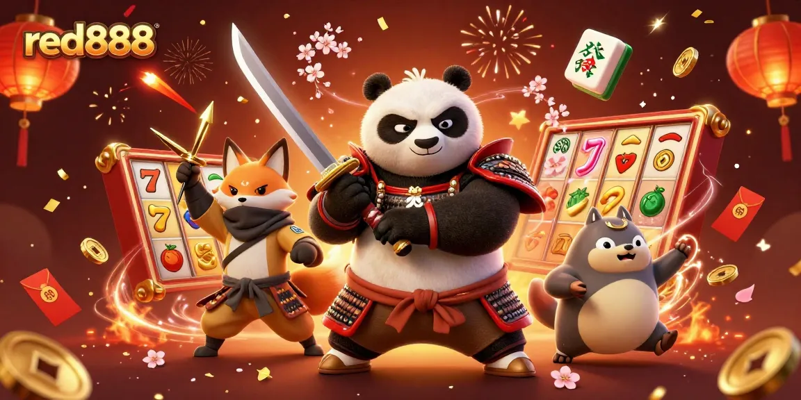 Win big at red888 with a vibrant scene featuring samurai panda and ninja fox celebrating in a casino setting.