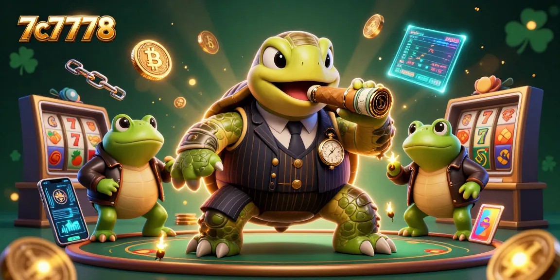 Engage in thrilling action at 7c7778 with a lively casino scene featuring a mobster turtle and glowing crypto elements.