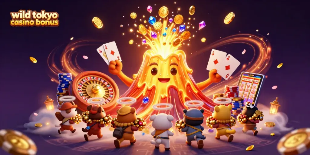 Experience the excitement of the wild tokyo casino bonus with a golden volcano and treasures.