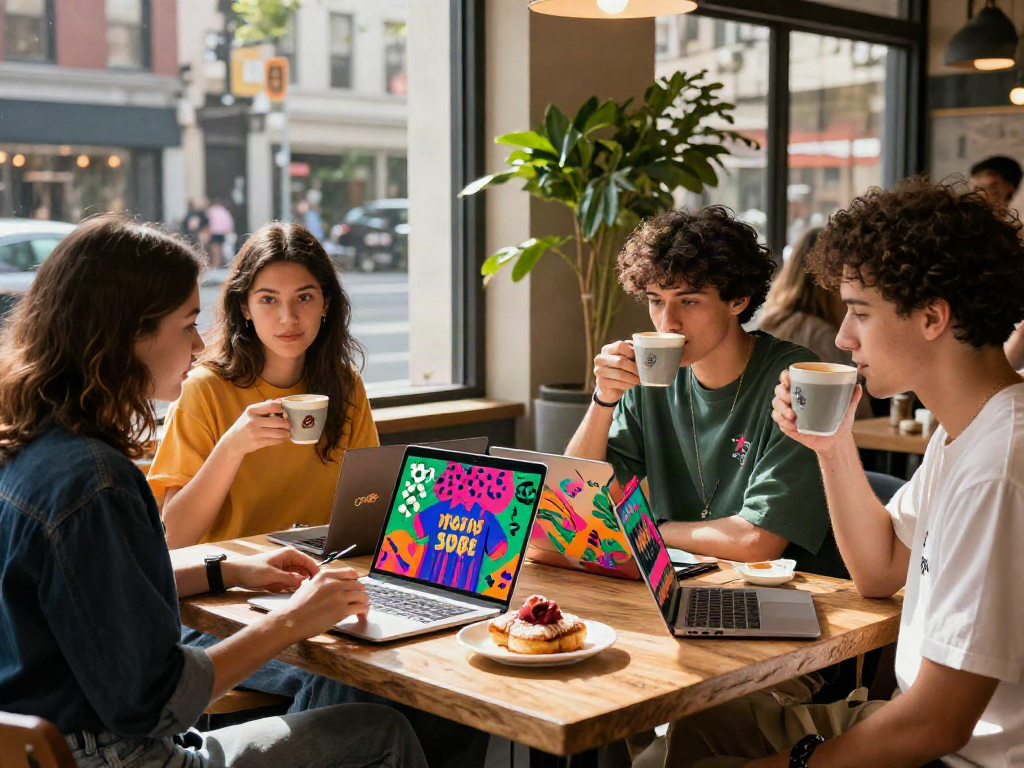 Youthful urban café scene with vibrant rokok88 super merchandise, showcasing streetwear style and social engagement.