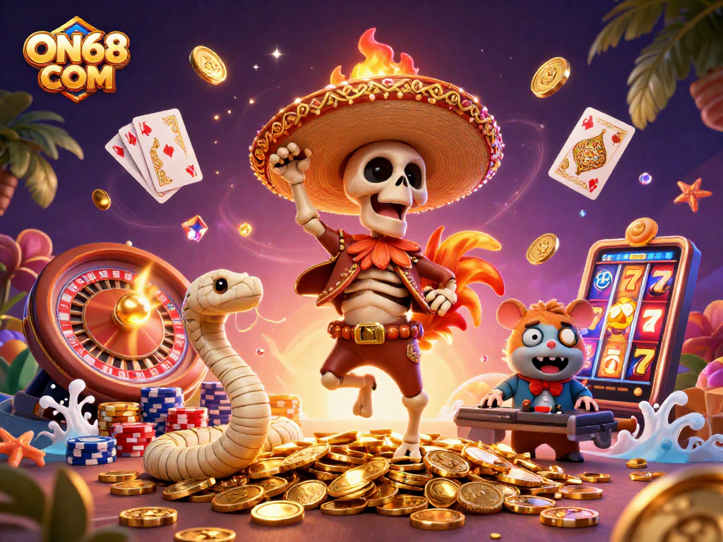 Engaging scene at ON68 COM featuring characters celebrating wins with golden coins and vibrant casino elements.