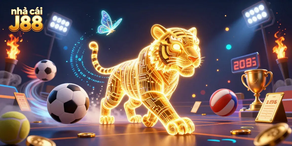 Experience the thrill of nhà cái J88 with a radiant golden tiger in a high-tech casino.