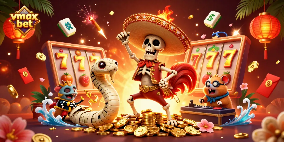 Win big at vmax bet with vibrant casino-themed characters celebrating on golden coins.