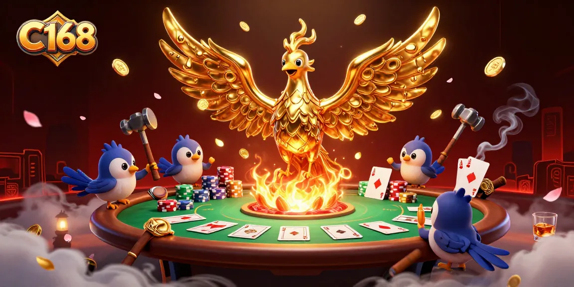 Experience thrilling gameplay at C168 with a dynamic 3D illustration of a molten metal phoenix, poker elements, and rich casino ambiance.