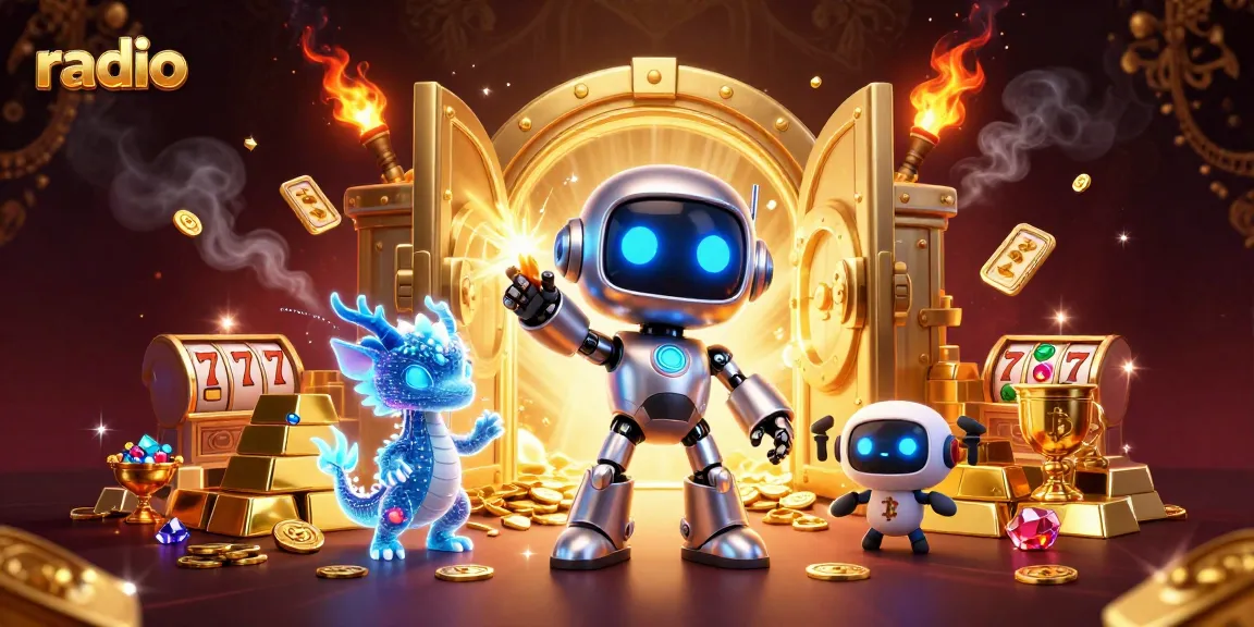 Engage in thrilling slot gaming with radio-themed digital illustrations featuring vibrant characters and treasures.