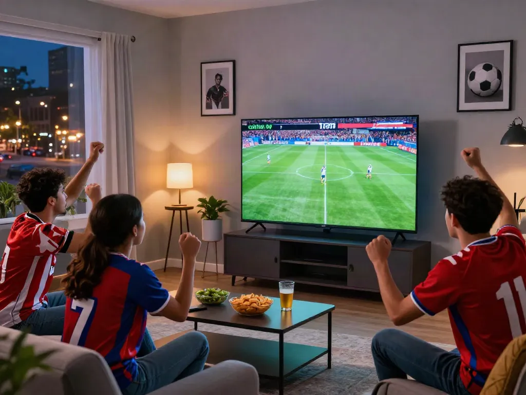 Friends enjoying a football match from cakhiatv.team in a lively living room.