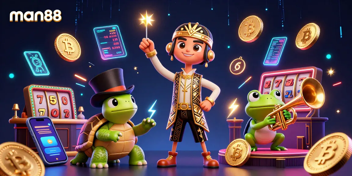 Experience thrilling gameplay with man88, featuring vibrant characters amidst neon crypto elements in a dynamic casino atmosphere.