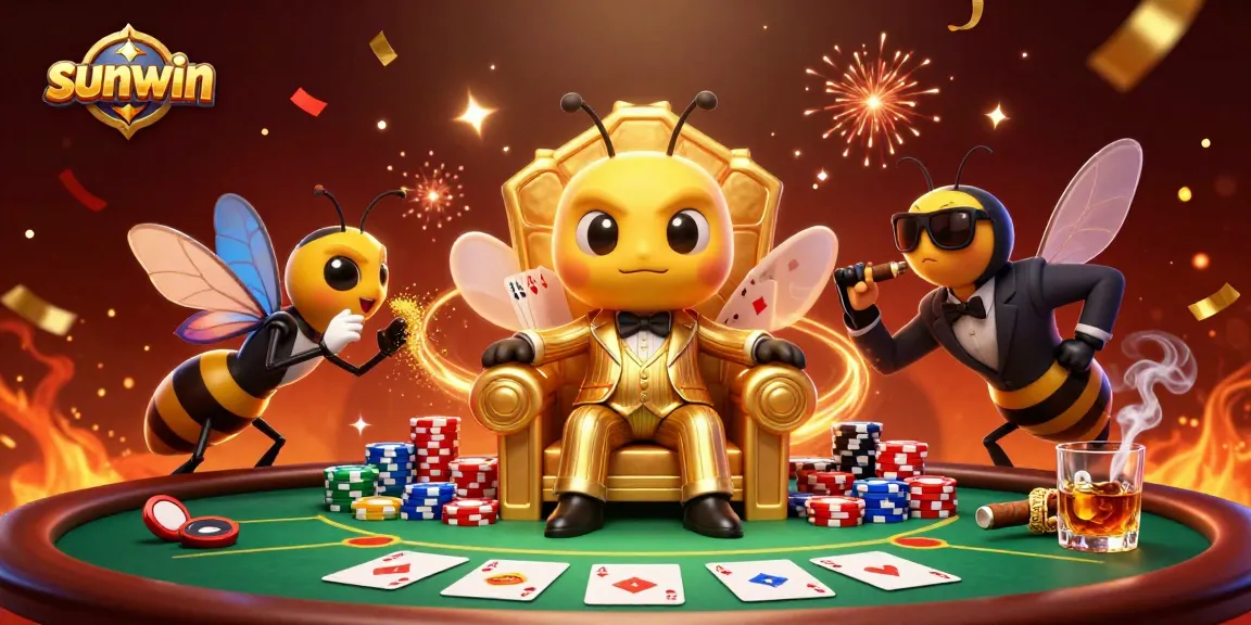 Engage with sunwin in a 3D casino scene featuring a bumblebee mob boss and vibrant poker elements.