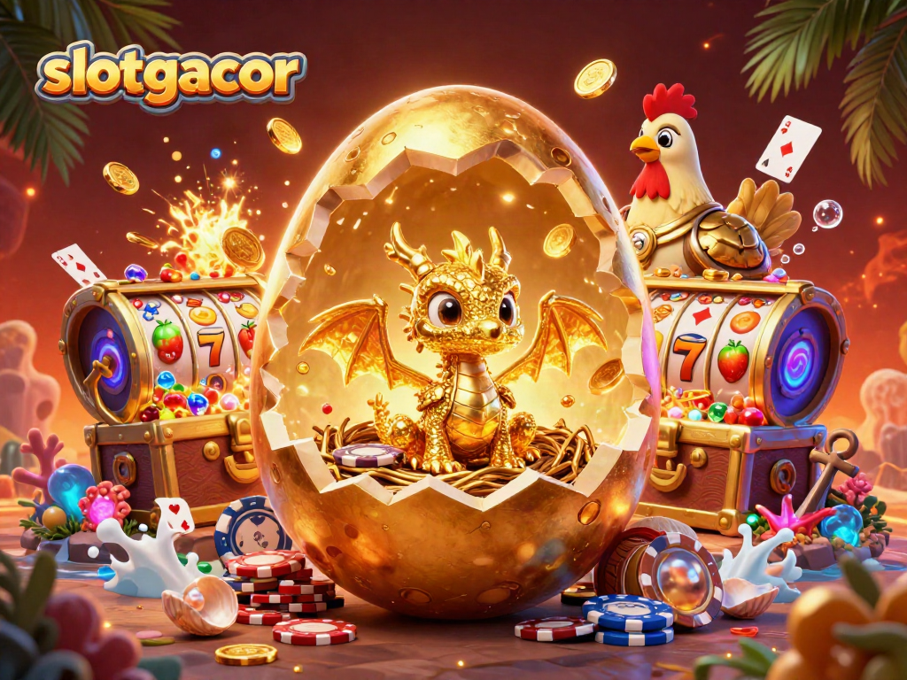 Experience the thrill of slotgacor with a golden dragon and poker chips in a lavish casino scene.