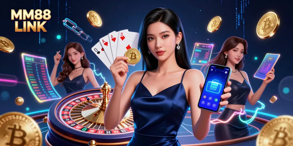 Win big with MM88 LINK showcasing a confident woman holding a smartphone and golden chip in a vibrant casino scene.
