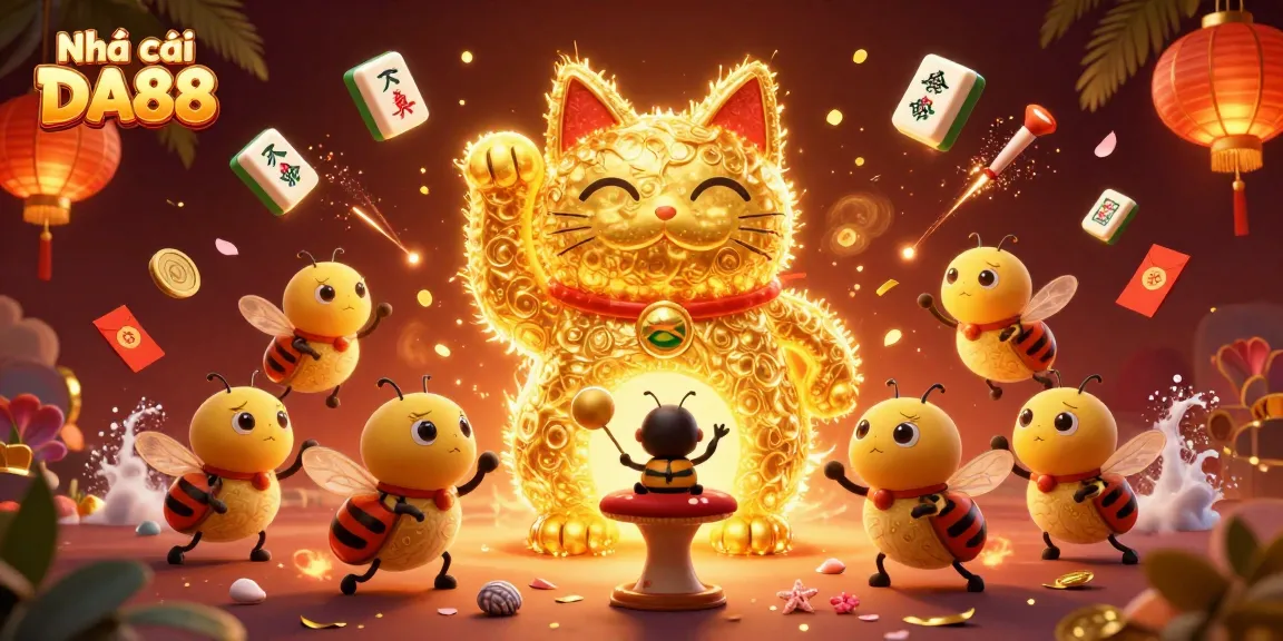 Experience the excitement at Nhà cái DA88 with vibrant casino elements and a giant lucky cat illustration.