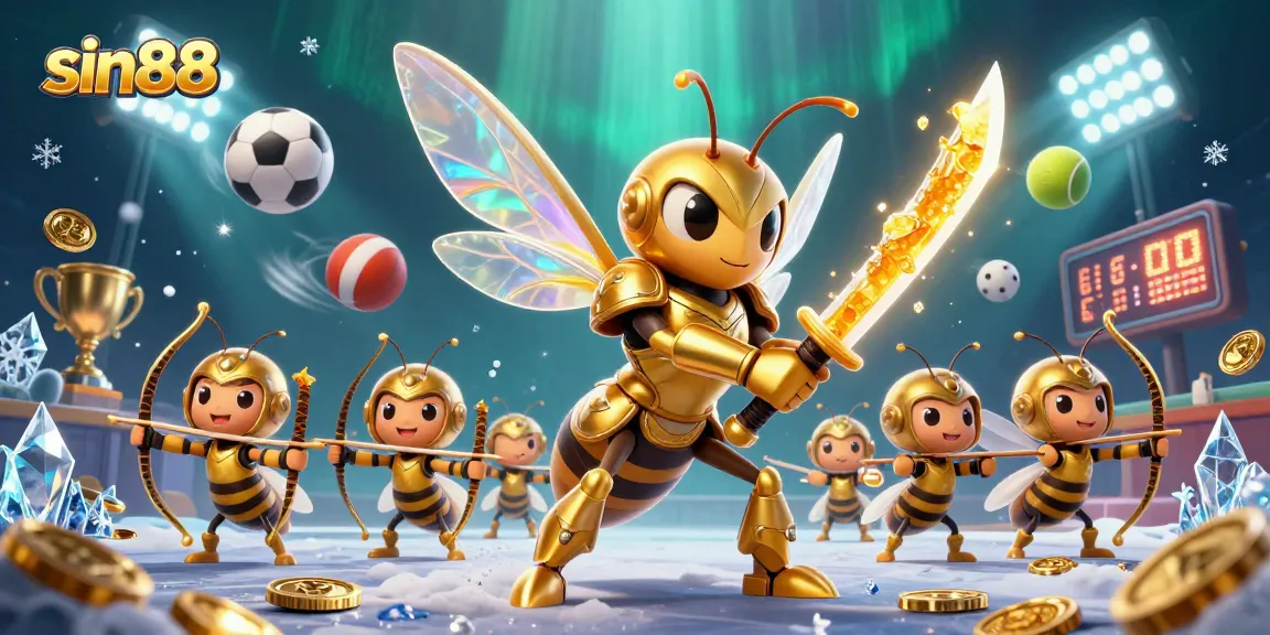 Experience thrilling gaming at sin88 with a dynamic scene of a golden hornet samurai and sports elements.