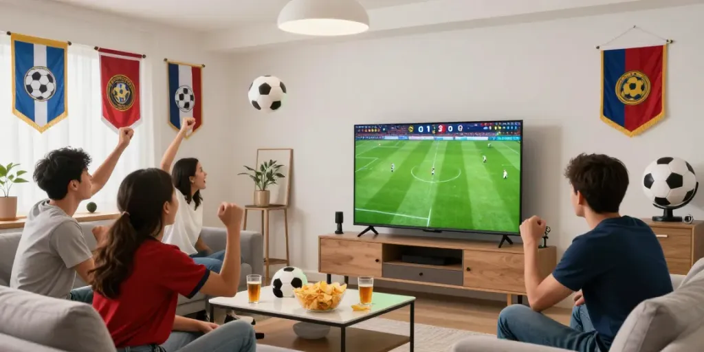 Friends enjoying the live football match on gavangtv.life in a cozy home setting.