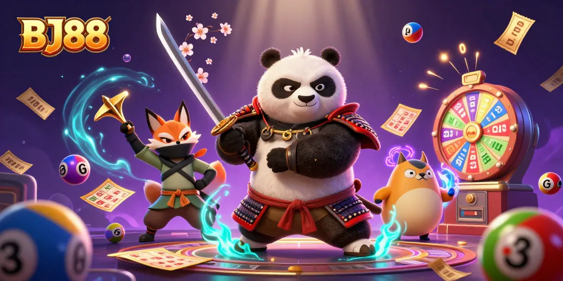 Experience thrilling wins at BJ88 with a fierce samurai panda and magical gaming elements.