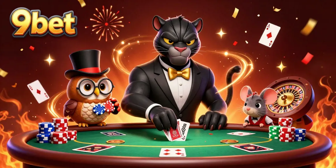 Playing cards and chips bring 9bet's gambling excitement to life, showcasing lively casino characters.