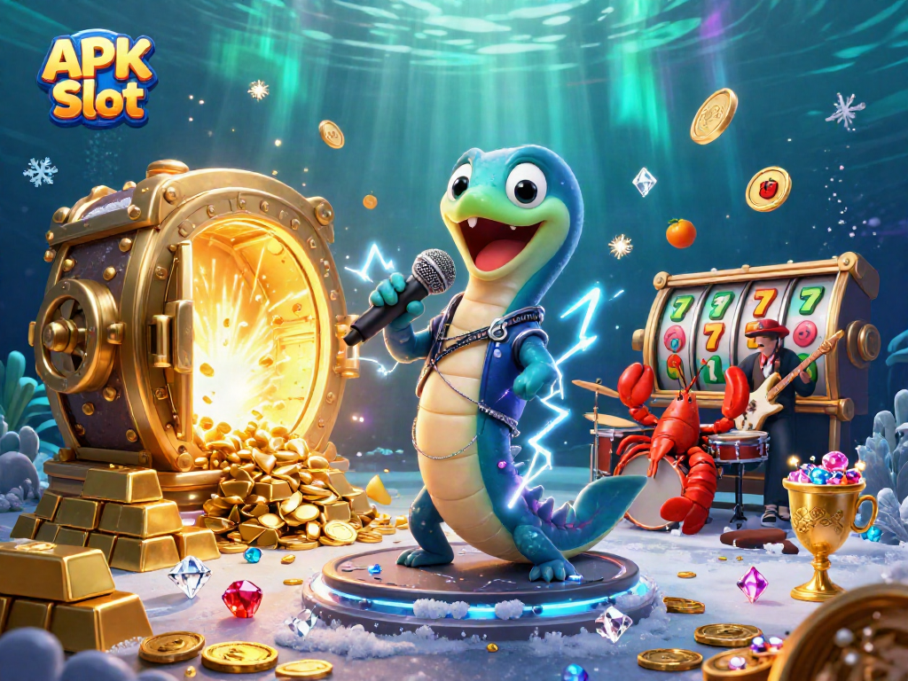 Spin to win with APK Slot in this vibrant underwater casino scene featuring an electric eel DJ.