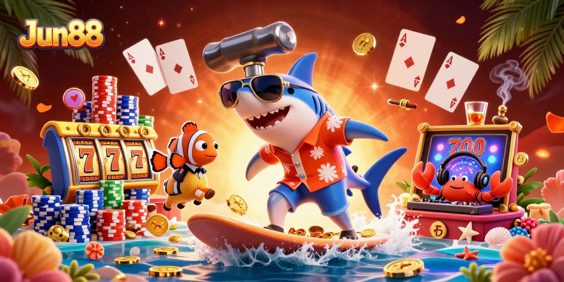 Experience Jun88's thrilling jackpot adventure with a shark surfing gold coins!
