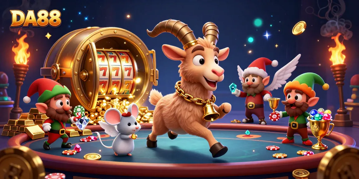 DA88 showcases a lively casino scene with Krampus, an angel mouse, and gremlins near slots.