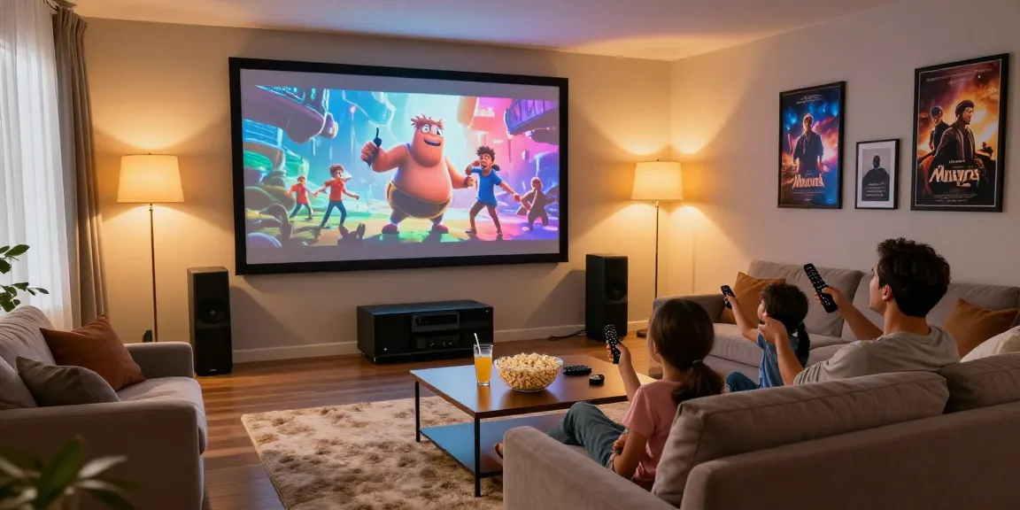 Family enjoying a movie night with the best projector 2026 in a cozy home theater setting.