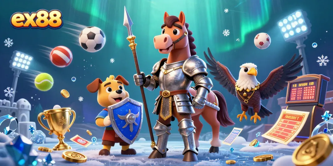 Engage with ex88 in a vibrant casino scene featuring medieval characters and dynamic sports elements.
