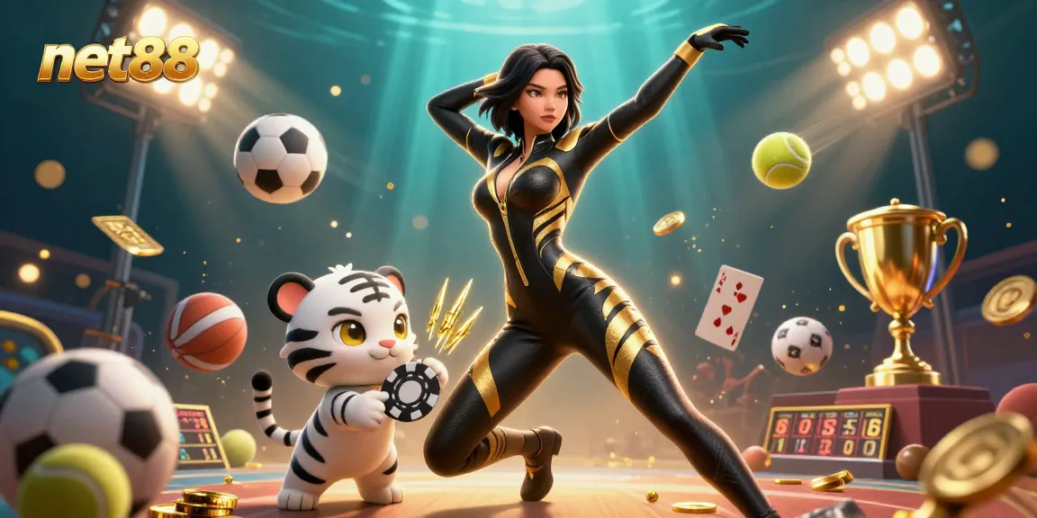 Experience thrilling sports action with net88 in a vibrant casino-themed 3D illustration.