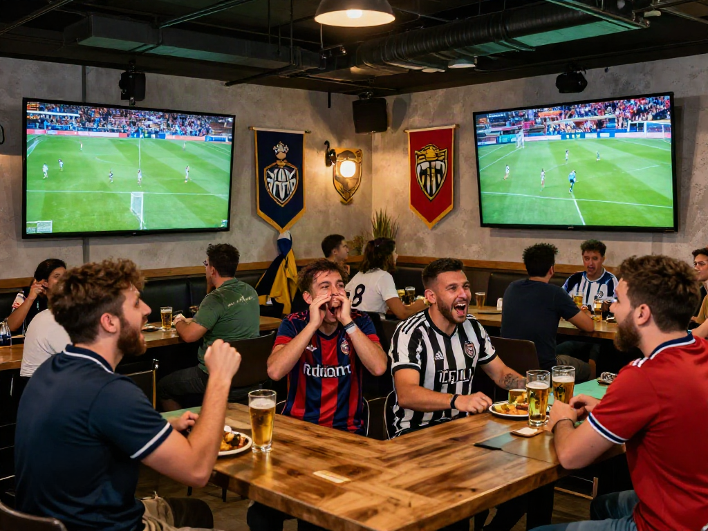 Football fans celebrating at a bar while watching live matches on screens, socolivekz.uk.