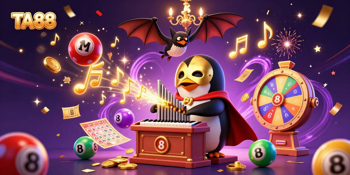 TA88's vibrant casino scene featuring a penguin organist and energetic lottery elements.