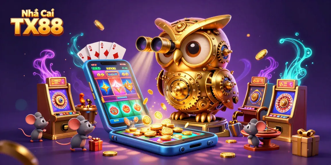 Experience the thrill of gambling at Nhà cái TX88 with this vibrant casino scene featuring a golden owl and dynamic game elements.