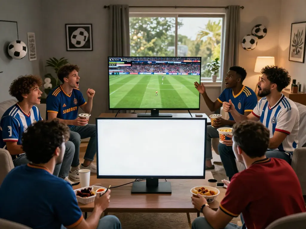 Football fans celebrating on thapcamtv.ac with live streaming matches.