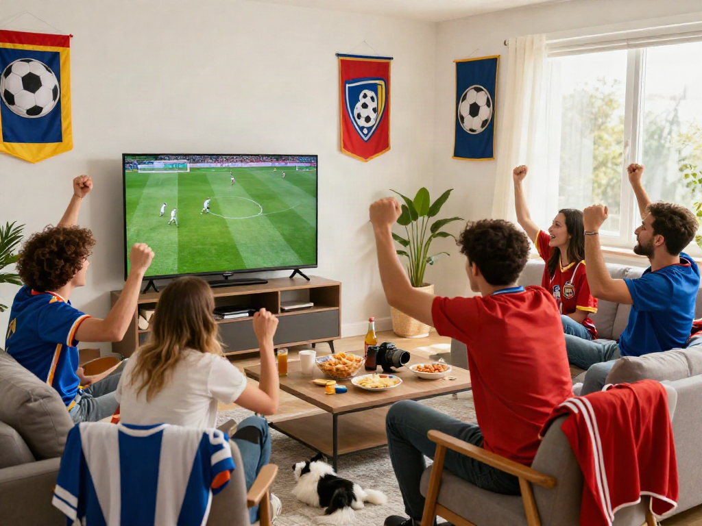 Friends celebrating at home while watching football on xoilactvx.me.