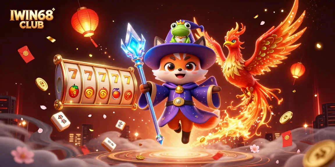 IWIN68 CLUB showcases a magical scene with a wizard fox, phoenix, and vibrant casino elements.