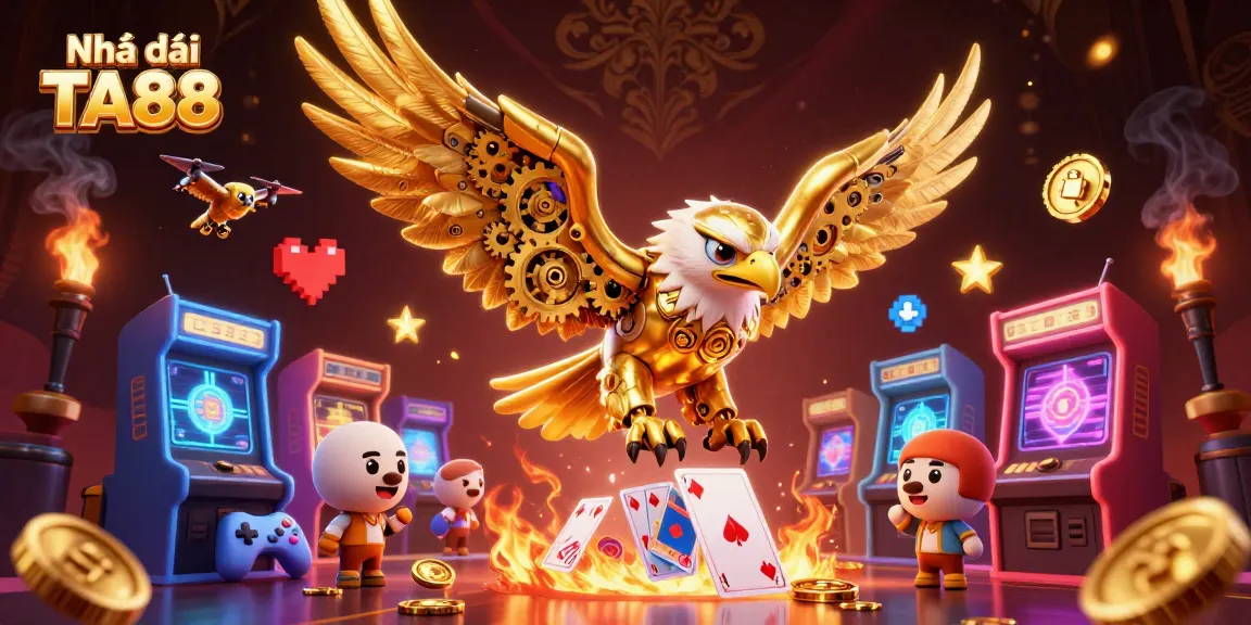 Engage with Nhà cái TA88 in an exhilarating 3D casino adventure featuring a golden eagle and arcade games.