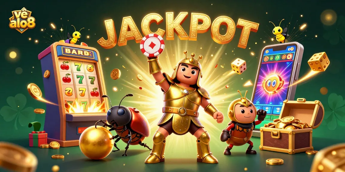 Play and win big with about alo8 in a vibrant 3D casino illustration featuring unique characters.