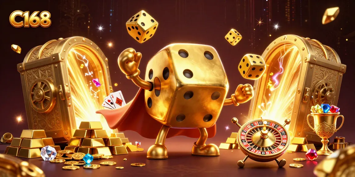 C168 gamblers enjoy a thrilling experience with dynamic golden dice and vibrant casino elements.