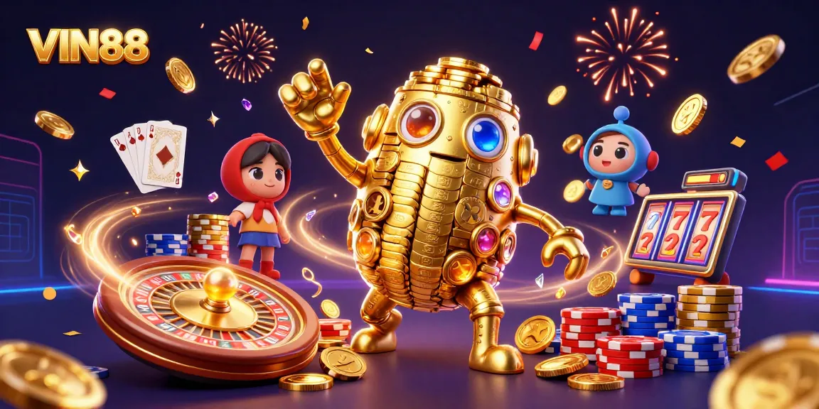 Spin the reels with VIN88's vibrant casino scene featuring thrilling game elements and sparkling gems.