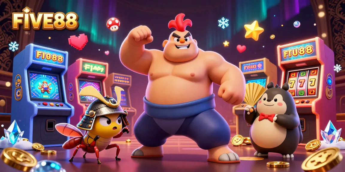 FIVE88 creates a vibrant 3D casino scene with sumo, samurai, and announcer amidst game machines.