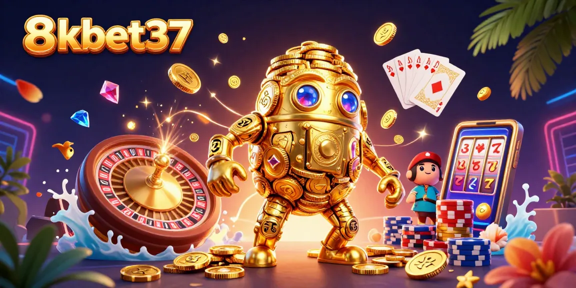 Engage with 8kbet37 through dynamic 3D casino elements showcasing golden symbols and festive atmosphere.