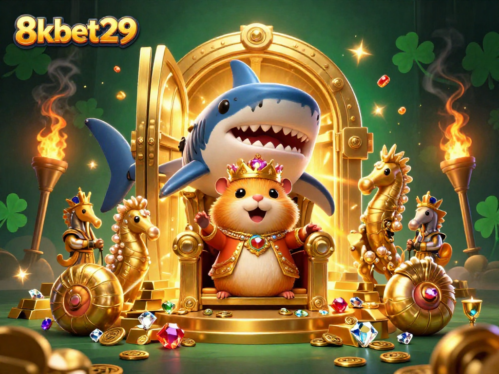 Experience the allure of 8kbet29 with a vibrant 3D casino scene filled with gold and treasures.