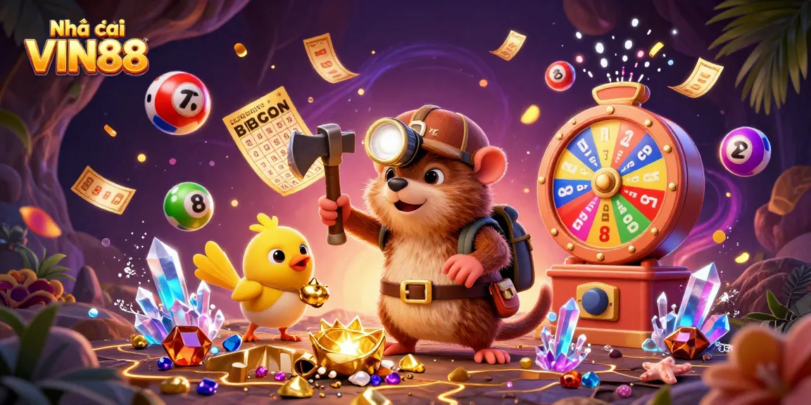 Experience the fun of Nhà cái VIN88 with a dynamic 3D illustration featuring a treasure-hunting mole and exciting lottery elements.