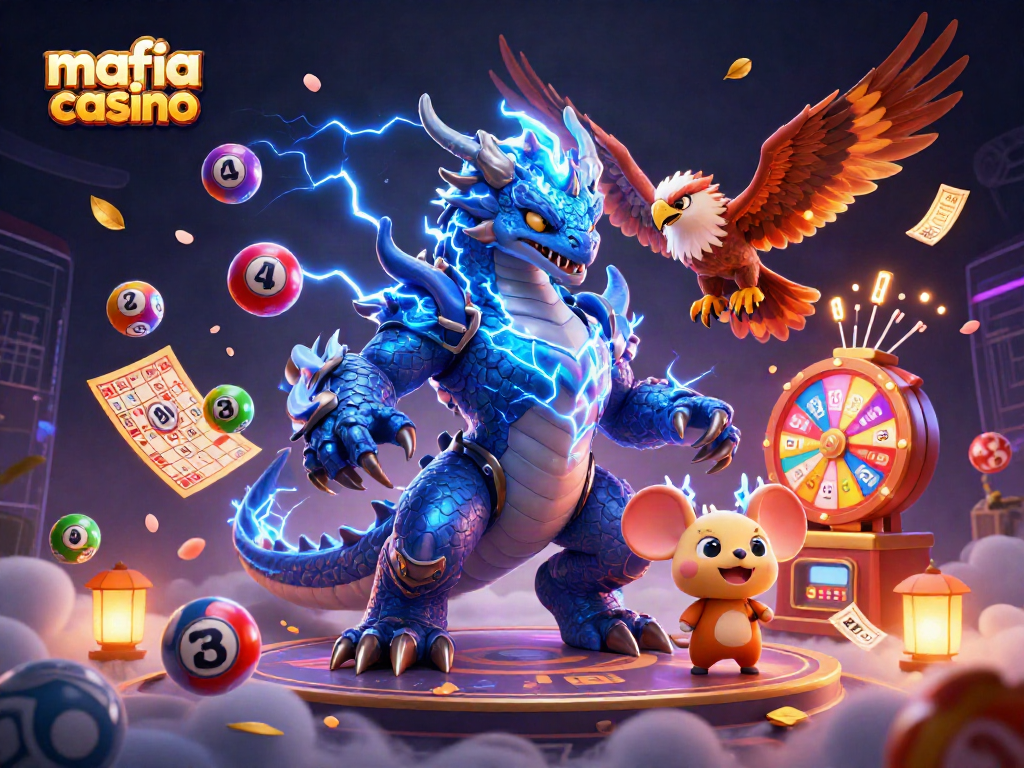 Mafia casino features a dynamic scene with a thunder dragon, wind hawk, and thunder mouse among vibrant gaming elements.