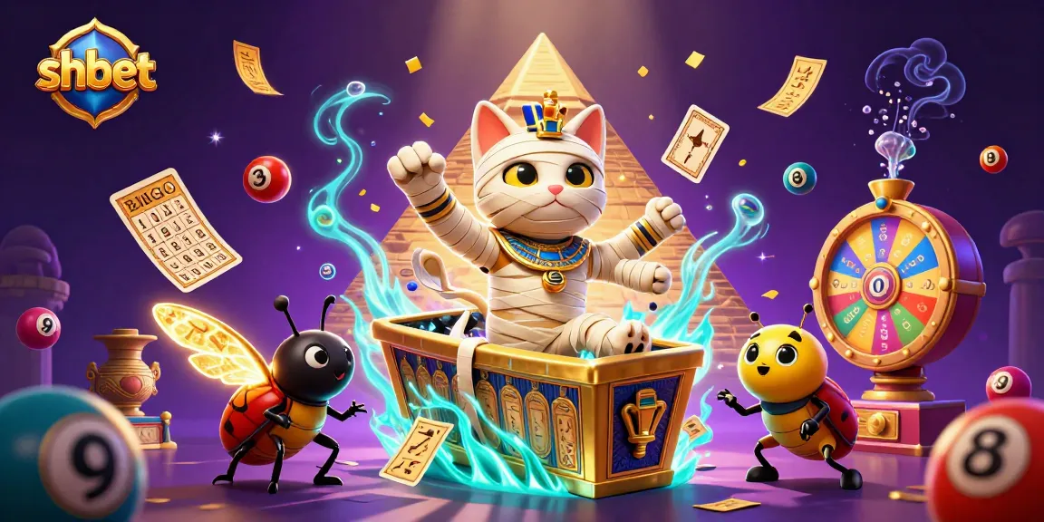 Engage with shbet's vibrant casino world, featuring a cartoon mummy cat and dynamic lottery elements.