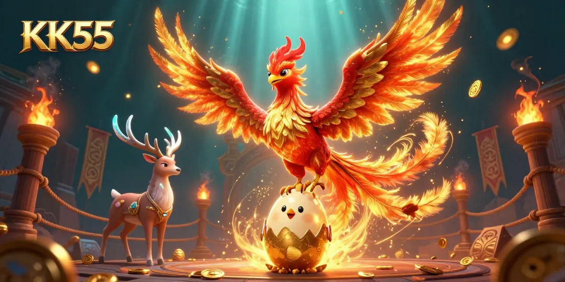 Experience thrilling games at KK55 with vibrant visuals of a phoenix and a mystical stag.