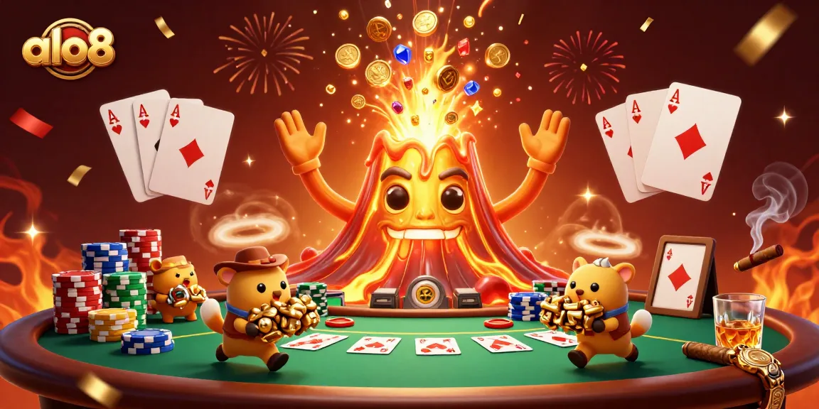 Experience the excitement of alo8 as cartoon characters celebrate winnings with poker chips and festive elements.